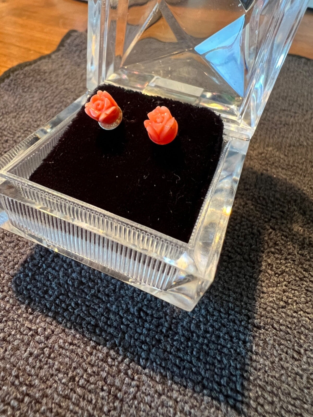 Natural Coral Carved Flowers Mounted On Sterling Silver Posts