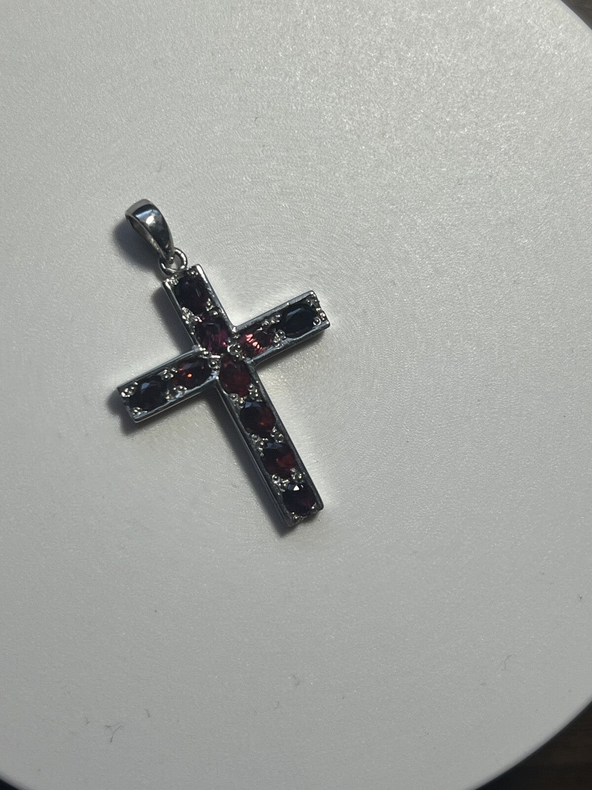 Handcrafted Idaho Rhodolite Garnet Cross Pendant Crucifix Nevada Sterling Silver