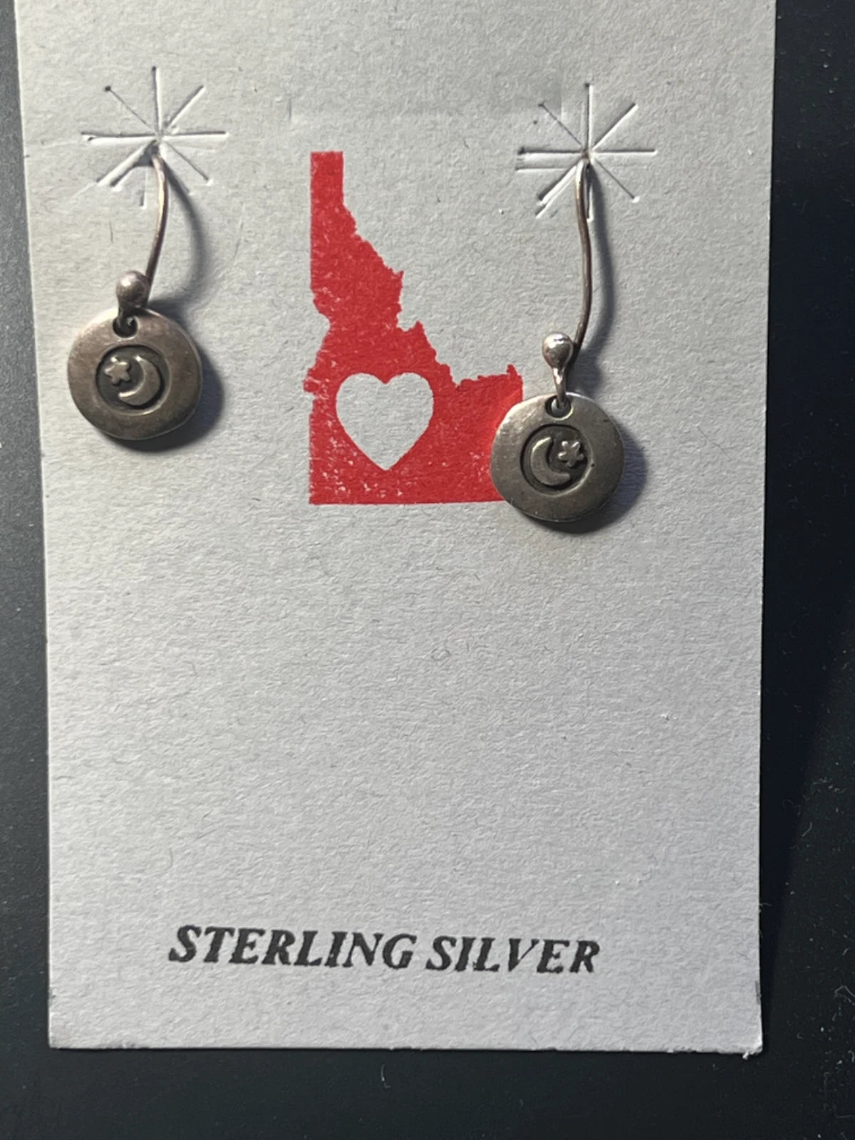 Cute Sterling Silver Vintage Tiny Moon + Stars Disk Earrings French Wire Dangle