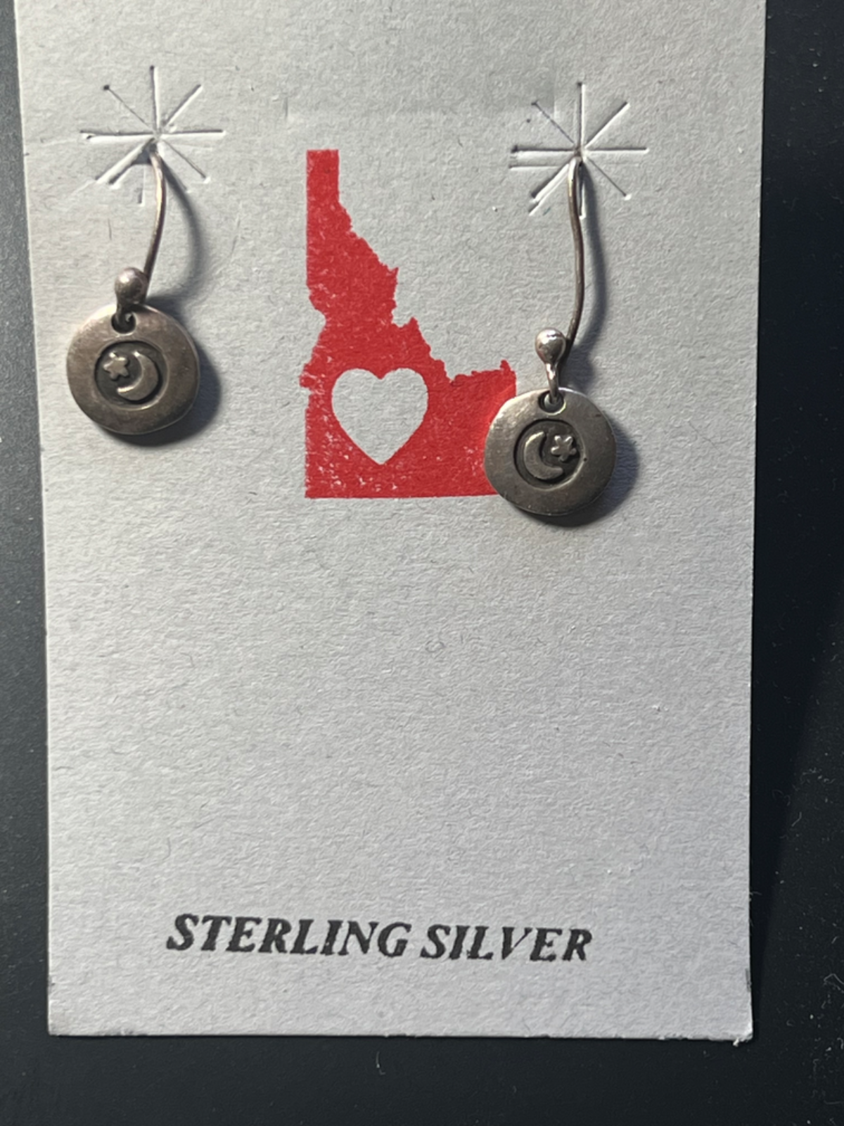 Cute Sterling Silver Vintage Tiny Moon + Stars Disk Earrings French Wire Dangle