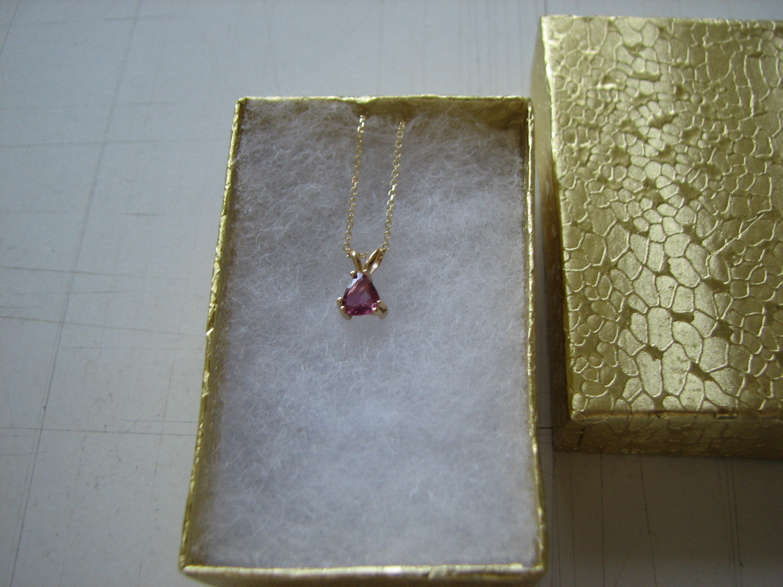 Very Pink Sapphire Pendant 14kt Yellow Gold Chain Ready to Wear Unique Triangle